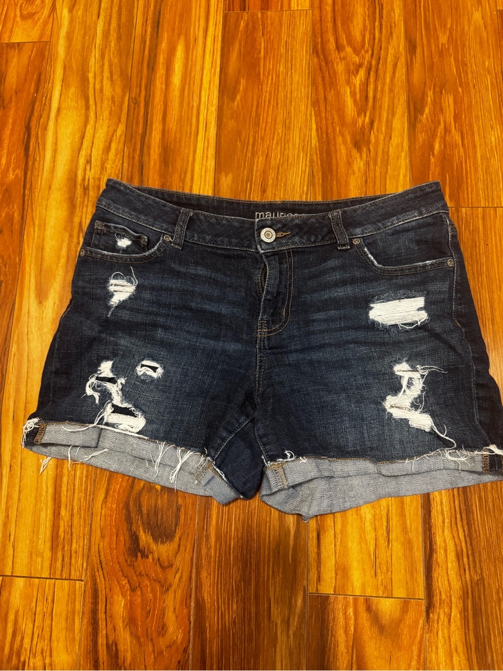 Maurices Dark Blue Distressed Denim Roll-Cuff Shorts